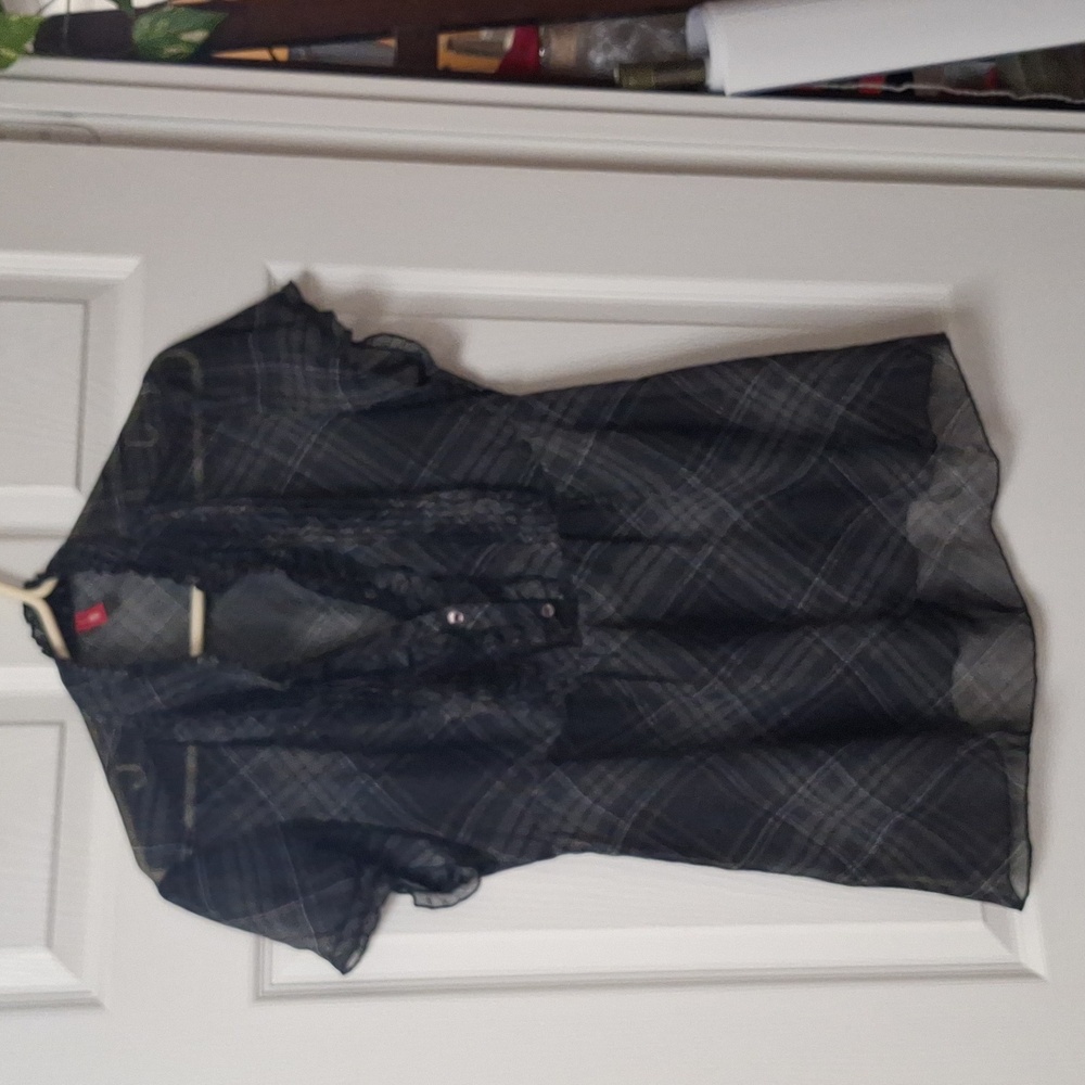 2 for $12: Vintage Esprit EDC Grey & Black Sheer Plaid Top - US L